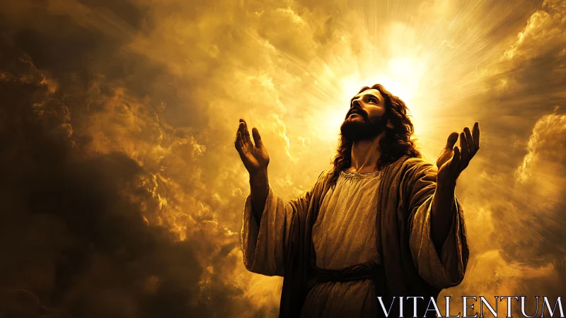 Radiant robed figure ascends amid blazing golden heavens.