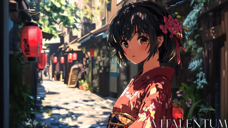 Anime girl in patterned kimono lit by dappled alleyway sunlight
