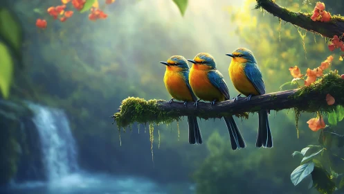 Three Colorful Birds Perched on Mossy Branch in Lush Forest Scene.
