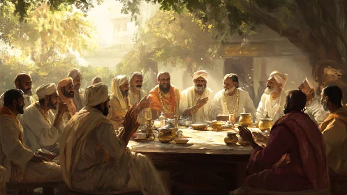 Sunlit village elders&rsquo; gathering around shared outdoor feast