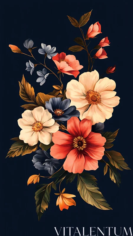 Botanical Floral Arrangement with Coral, Cream, and Navy Blooms.