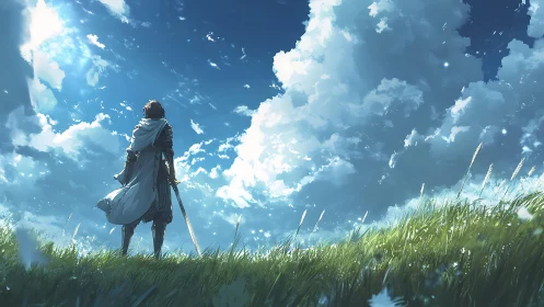 Lone swordsman beneath towering summer clouds at dusk.
