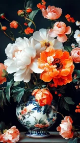 Baroque Floral Arrangement: Peonies and Ranunculus in Blue-White Porcelain Vessel