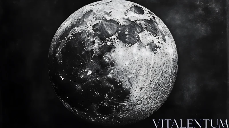 Monochrome lunar surface study with cratered hemisphere.