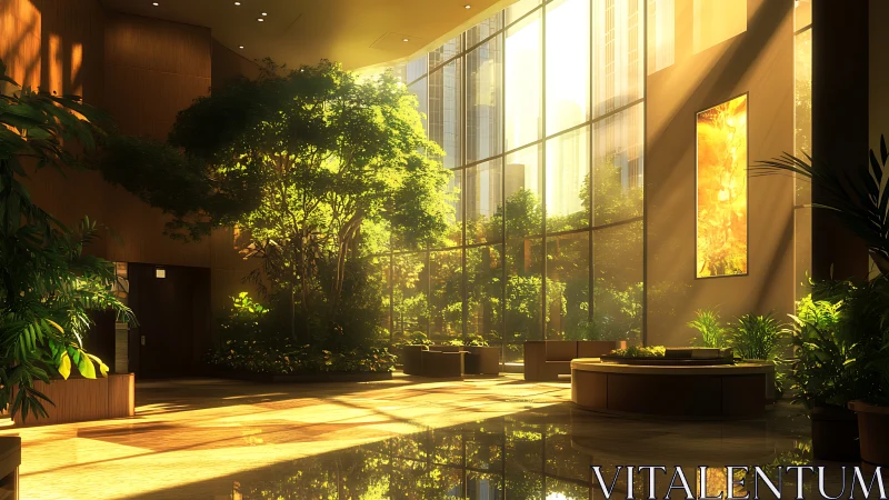 Golden morning light fills a lush, tranquil atrium garden