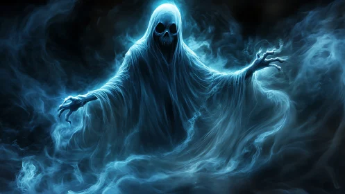 Hooded skeletal figure emerges in blue spectral smoke field