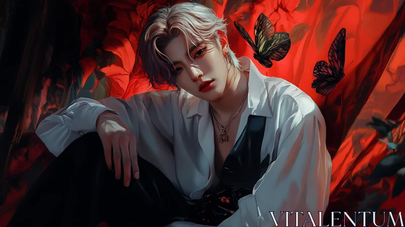 Figure in white shirt sits before red backdrop with butterflies