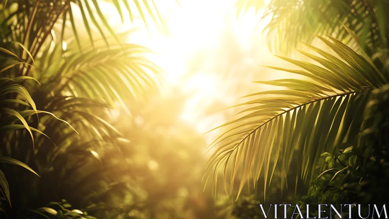 Sunlit palm foliage forms layered structures in soft focus