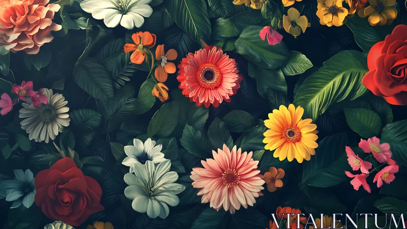 Garden Abundance: Vibrant Floral Composition on Dark Background.