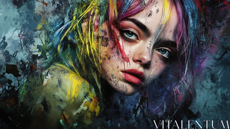 Hyperreal female portrait fused with chaotic abstract pigment