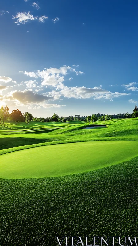 Sunlit golf course topography with sculpted putting green geometry.