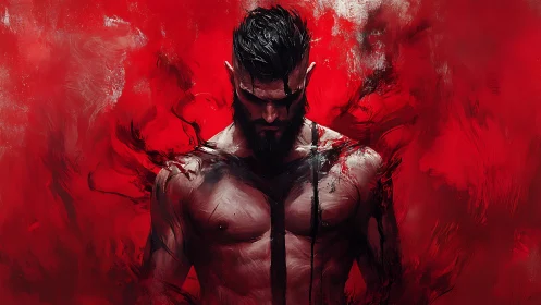 Muscular bearded man stands shirtless amid abstract red haze