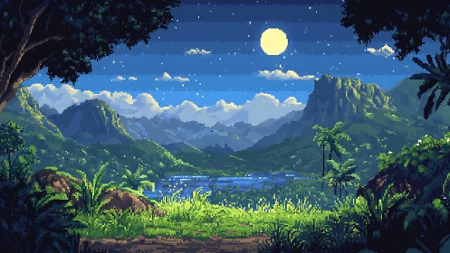Pixel landscape shows moonlit valley, lake, and distant mountains