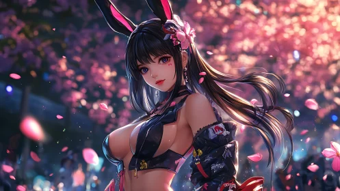 Anime bunny-girl portrait under luminous sakura bokeh field.