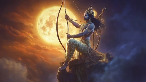 Mythological archer sits poised with bow before full moon