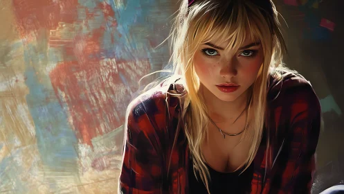 Blonde woman in plaid shirt against abstract painted wall.