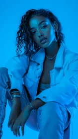 Woman poses in cool blue lighting wearing denim jacket