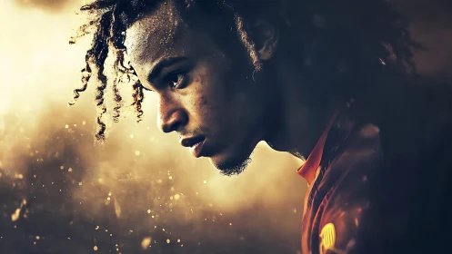 Focused young athlete leans into golden haze before impact