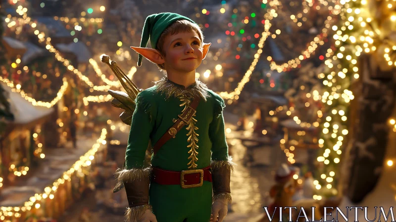 Young elf character in green costume under festive lights.