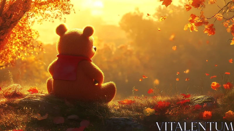Teddy bear character sits in warm autumn sunset landscape