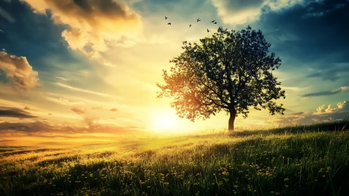 Solitary tree on sunlit meadow under dramatic sky.
