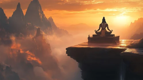 Sunlit mountain sage meditating above ember kissed clouds.