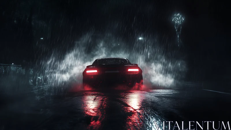 Midnight supercar carves neon streaks through stormy rain.