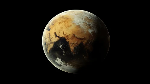 Digital rendering of Earth with desert-toned continents.