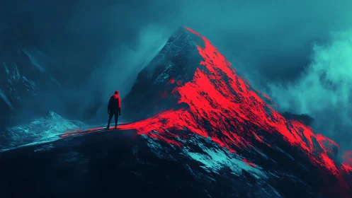 Lone traveler pauses before a glowing crimson mountain path