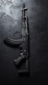 Black assault rifle on dark textured background, side view.