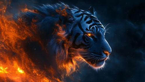 Fiery blue tiger head emerges from darkness and sparks