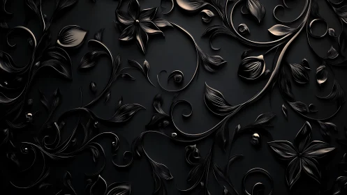 Dark metallic floral relief pattern on black surface.
