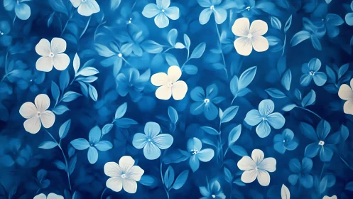 Blue Floral Garden with Luminous White Flowers.