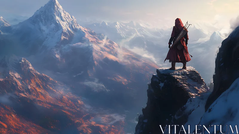 Hooded archer on snowy cliff surveying vast alpine valley