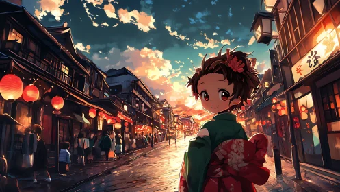 Evening-lit anime street scene uses rim lighting and warm lantern bokeh