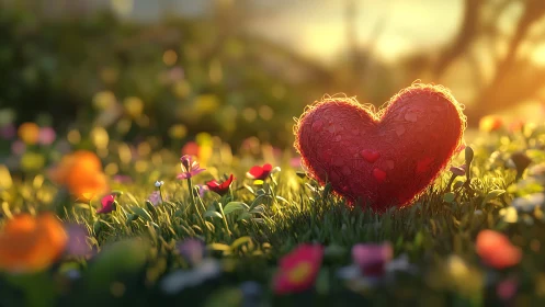 Red Heart Blooms Among Garden Flowers in Golden Sunlight.