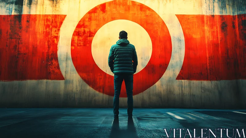 Silhouetted figure before bold red concentric mural design.