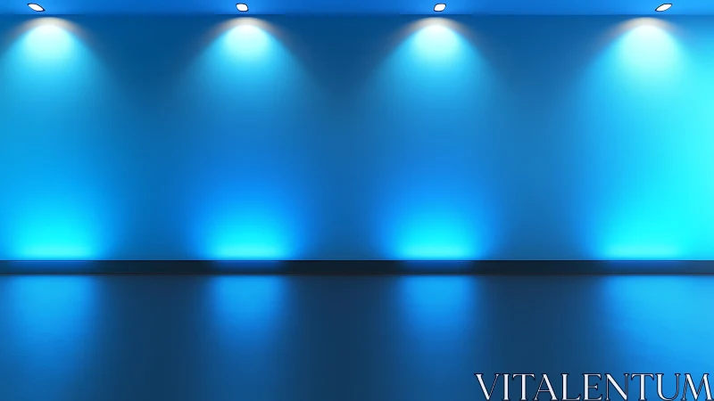 Minimal gallery wall washed in soft blue spotlight glow.