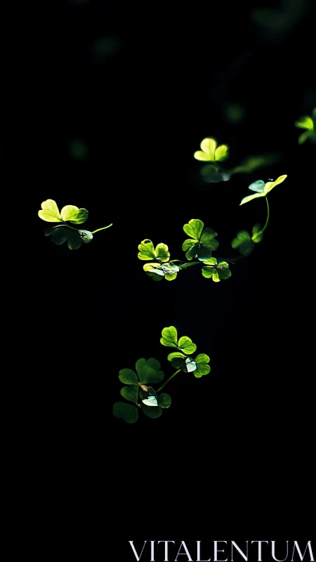 Clover leaves glow against deep black negative space.