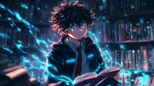Young sorcerer unlocks glowing magic in a quiet library