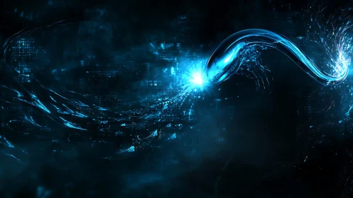 Luminescent liquid arc collides with energy core in dark void