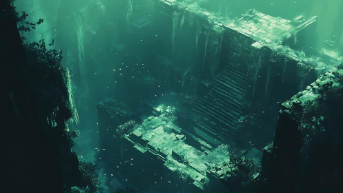 Sunken emerald ruins descend into a mysterious abyss.