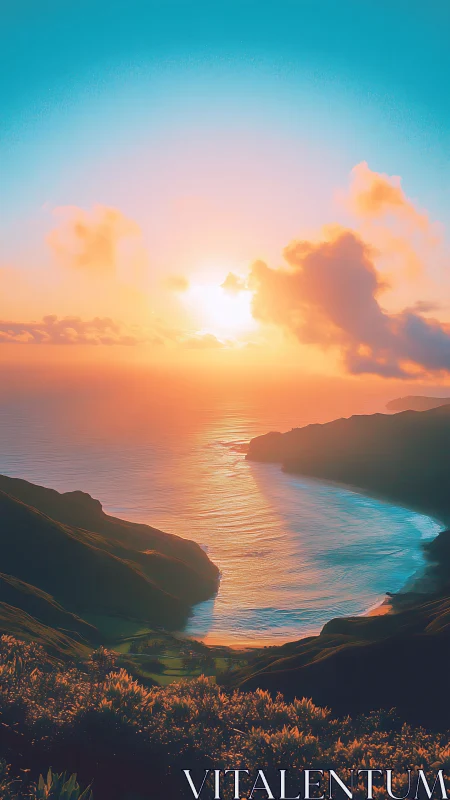 Candy-bloom sunrise pouring neon gold over quiet cove.