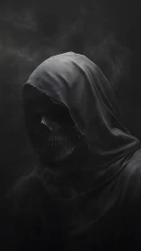 Hooded skeletal wraith emerges from shadowed swirling smoke