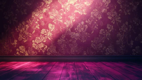 Velvet wallpaper glows while magenta floorboards quietly listen