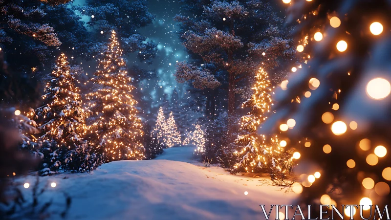 Snowy forest path glowing with cozy winter lights at dusk.