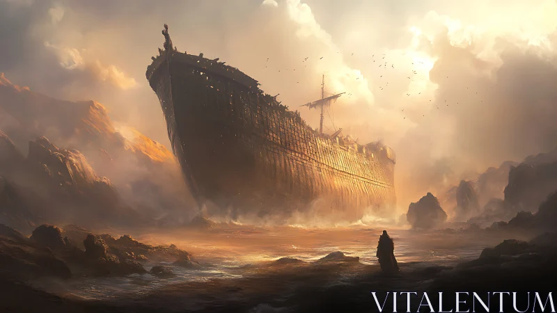 Colossal derelict ship looms above rocky, misty shoreline
