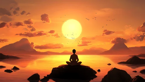 Meditator silhouettes against molten orange ocean sunset glow.