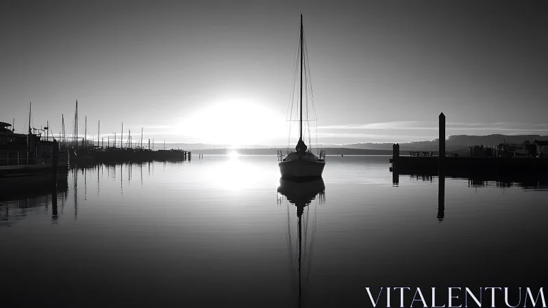 Monochrome marina sunrise with moored sailboat and reflections