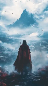 Cloaked swordsman overlooking misted valley and jagged peak